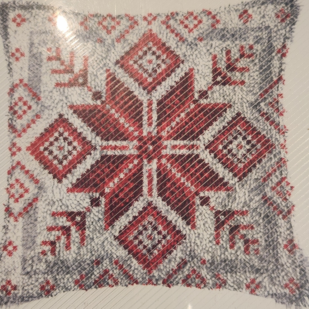 Festive Red and Gray Holiday Latch Hook Pillow Nordic Snowflake Craft DIY NIB